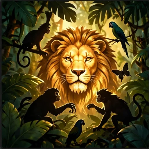 Capa do Que Animal É Esse: rosto de leão dourado revelado entre as folhas da selva, com silhuetas de macacos e uma arara