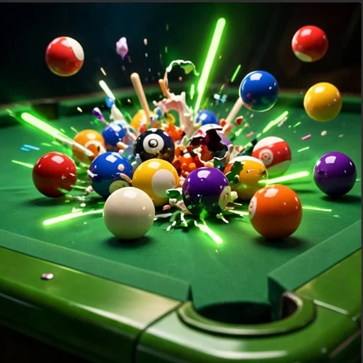 Capa do Bilhar Impossível: bola branca espalhando as bolas coloridas numa mesa de sinuca verde com brilhos neon