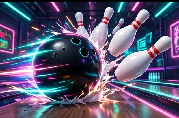 Capa do Boliche Turbo: bola de boliche preta com rastros neon derrubando os pinos numa pista iluminada em ciano e magenta