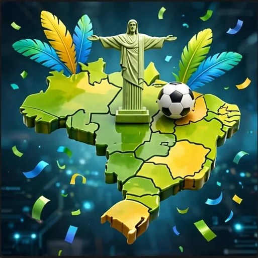 Capa do Quiz Você conhece o Brasil: mapa do Brasil verde e amarelo com o Cristo Redentor, uma bola de futebol e penas de carnaval