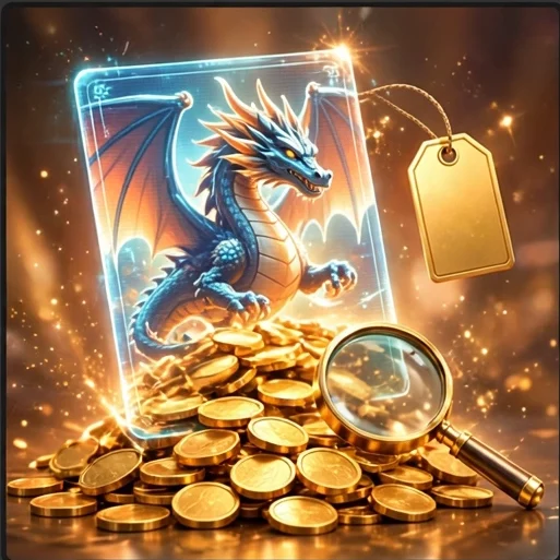 Capa do Quanto Vale Essa Carta: carta holográfica de um dragão sobre pilhas de moedas de ouro, com lupa e etiqueta de preço em branco