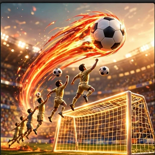 Capa do Chute Certeiro: bola de futebol em chamas cruzando por cima da barreira em direção ao gol, num estádio lotado