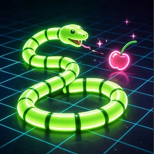 Capa do Cobrinha Neon: cobrinha verde neon feita de segmentos de luz sobre uma grade escura, indo atrás de uma cereja rosa brilhante
