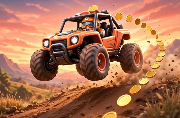 Capa do Corrida da Ladeira: buggy laranja voando de um salto de terra e coletando um rastro de moedas de ouro ao pôr do sol