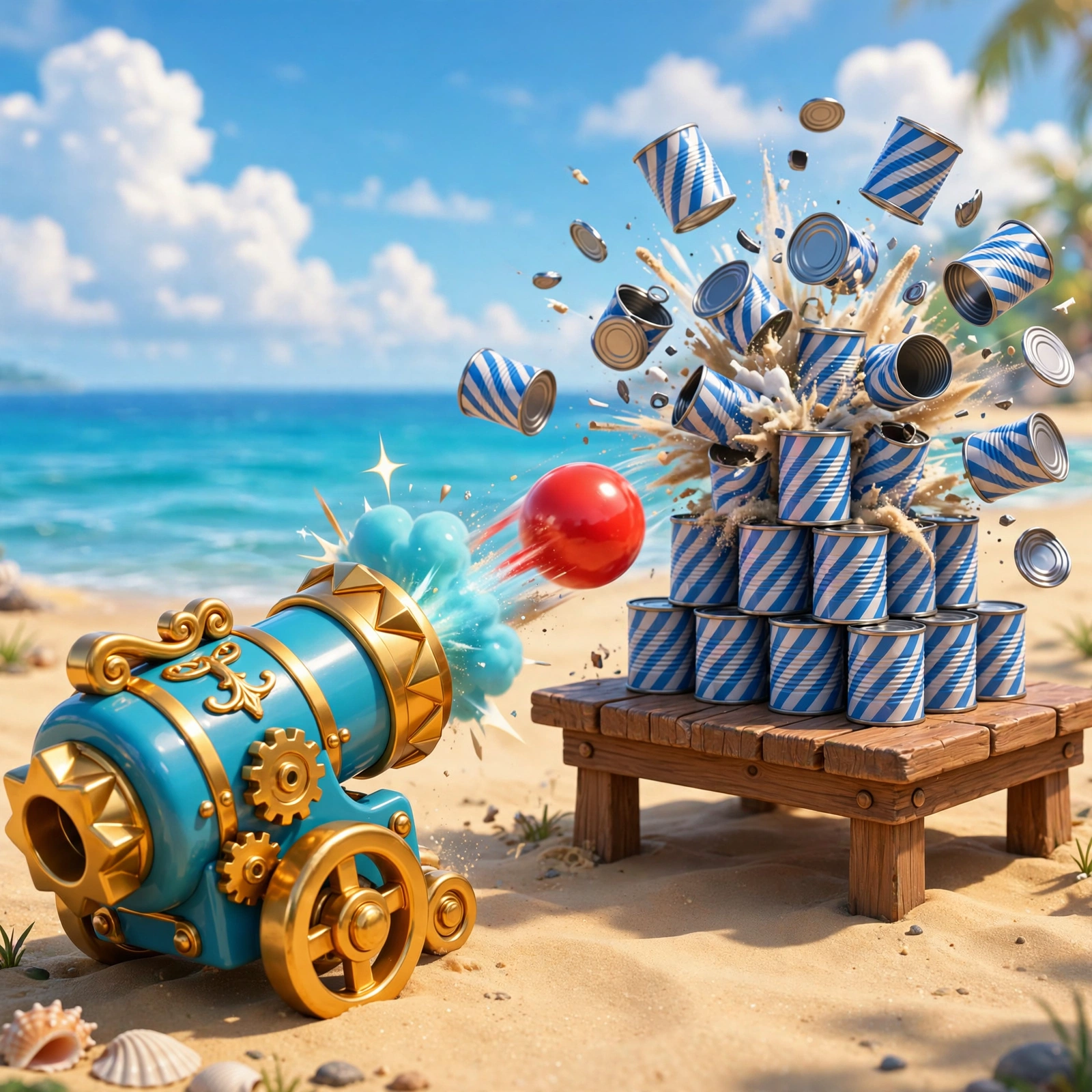 Capa do Derruba Latas: canhão turquesa e dourado atirando numa pirâmide de latas listradas na praia