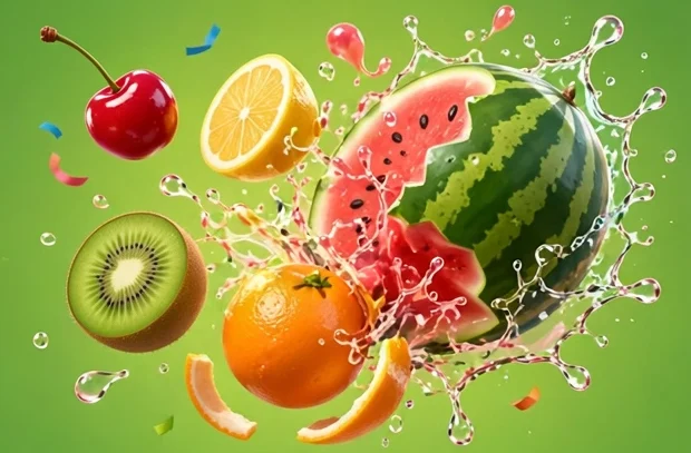 Capa do Junta Frutas: cereja, limão, kiwi, laranja e uma melancia gigante se encontrando no ar, com respingos de suco