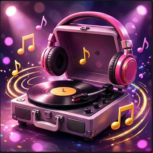 Capa do Que Música É Essa: vitrola rosa com fones de ouvido grandes, notas musicais douradas flutuando sob luzes de palco