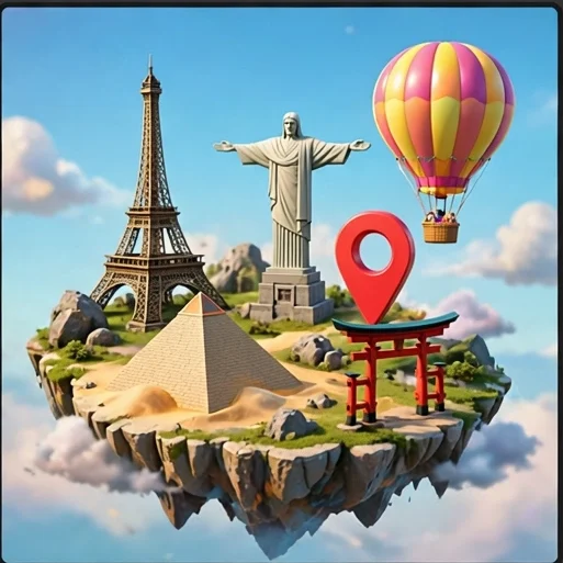 Capa do Onde Fica: ilha flutuante com Torre Eiffel, Cristo Redentor, pirâmide e portão torii, com balão colorido e pino de mapa gigante