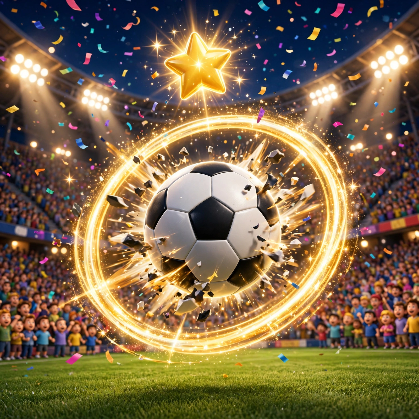 Capa do Palpite da Rodada: bola de futebol atravessando um anel dourado num estádio lotado, com estrela e confetes