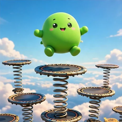 Capa do Pula-Pula Infinito: personagem verde redondinho voando alto entre plataformas de mola acima das nuvens