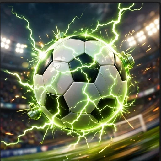 Capa do Quiz Relâmpago de Futebol: bola de futebol cercada de raios verdes ao lado de um cronômetro gigante, sob holofotes de estádio