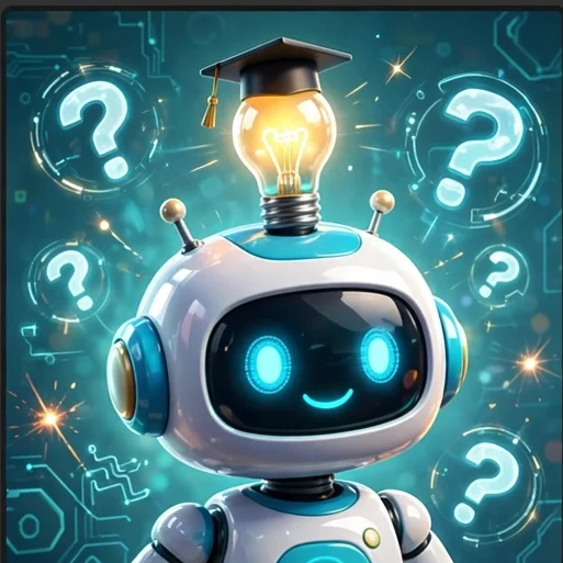 Capa do Quiz Você manja de IA: robô fofo com uma lâmpada acesa de chapéu de formatura, cercado de pontos de interrogação brilhantes