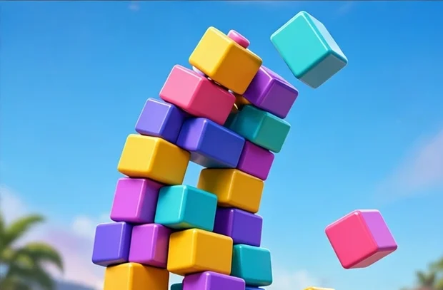 Capa do Torre Maluca: torre torta de blocos coloridos se inclinando, com um bloco caindo do topo