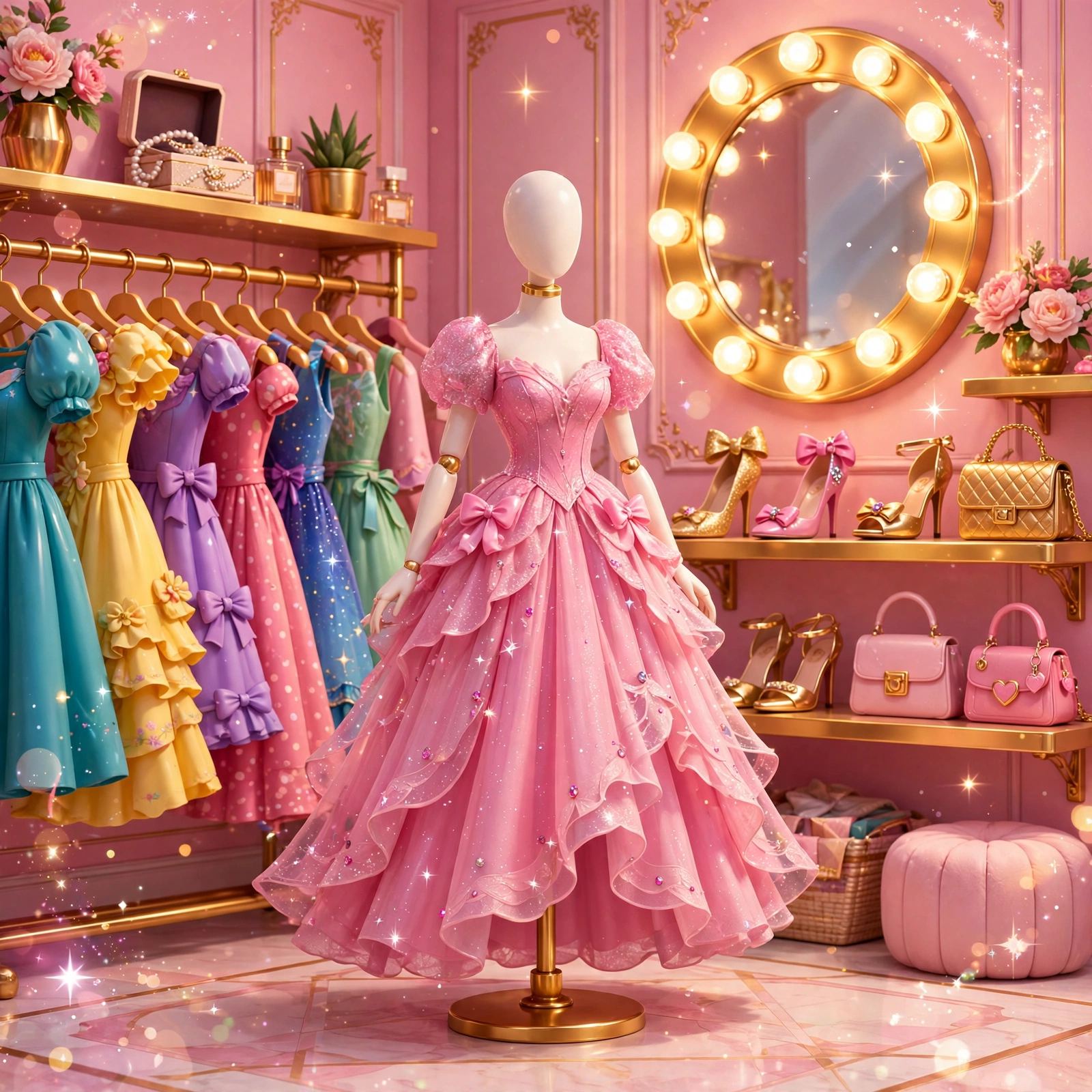 Capa do Vista a Luna: closet glamouroso com vestido rosa de gala num manequim, arara de roupas e espelho com lâmpadas