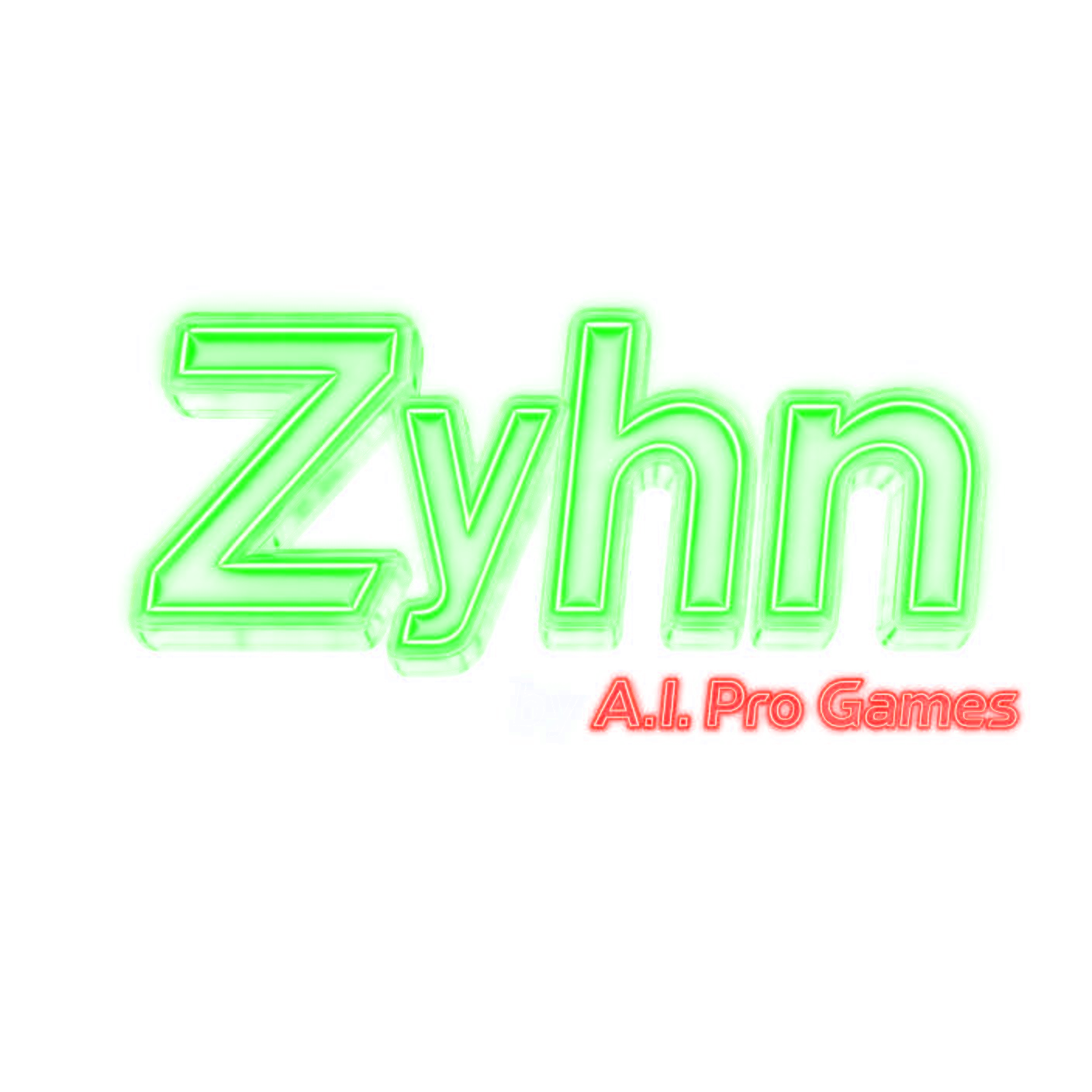 Logo oficial da Zyhn — Zyhn em verde neon 3D, by em branco e A.I. Pro Games em vermelho neon, com fundo transparente