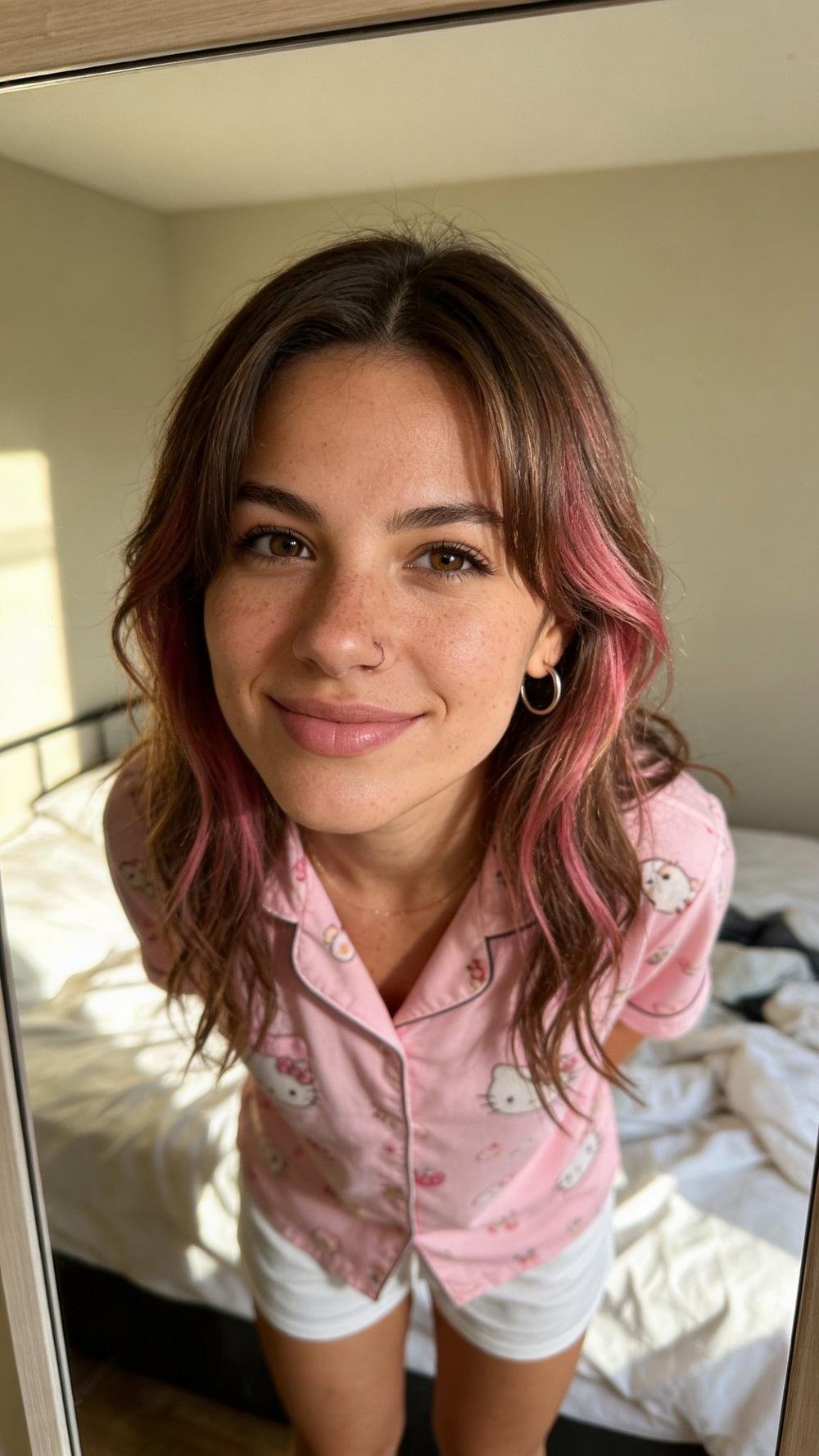 Luna sorrindo numa selfie no espelho, de pijama rosa