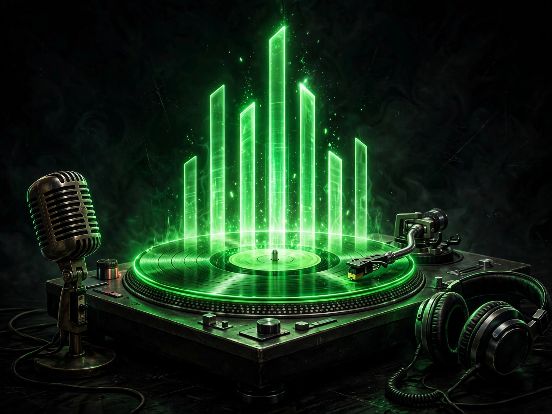Toca-discos com vinil verde neon e barras de equalizador luminosas subindo do disco