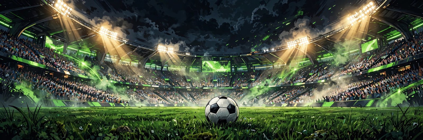 Estádio de futebol lotado à noite, com luzes verde-neon e uma bola no gramado