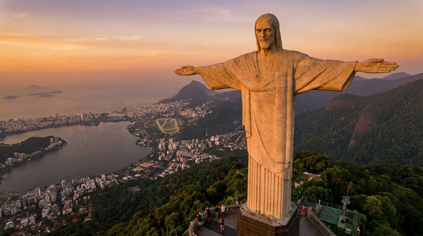 Cristo Redentor ao entardecer, com a cidade do Rio de Janeiro ao fundo